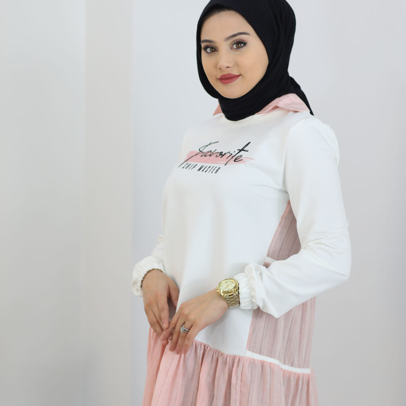 Gömlek detaylı iki iplik siyah mavi rengi tunik